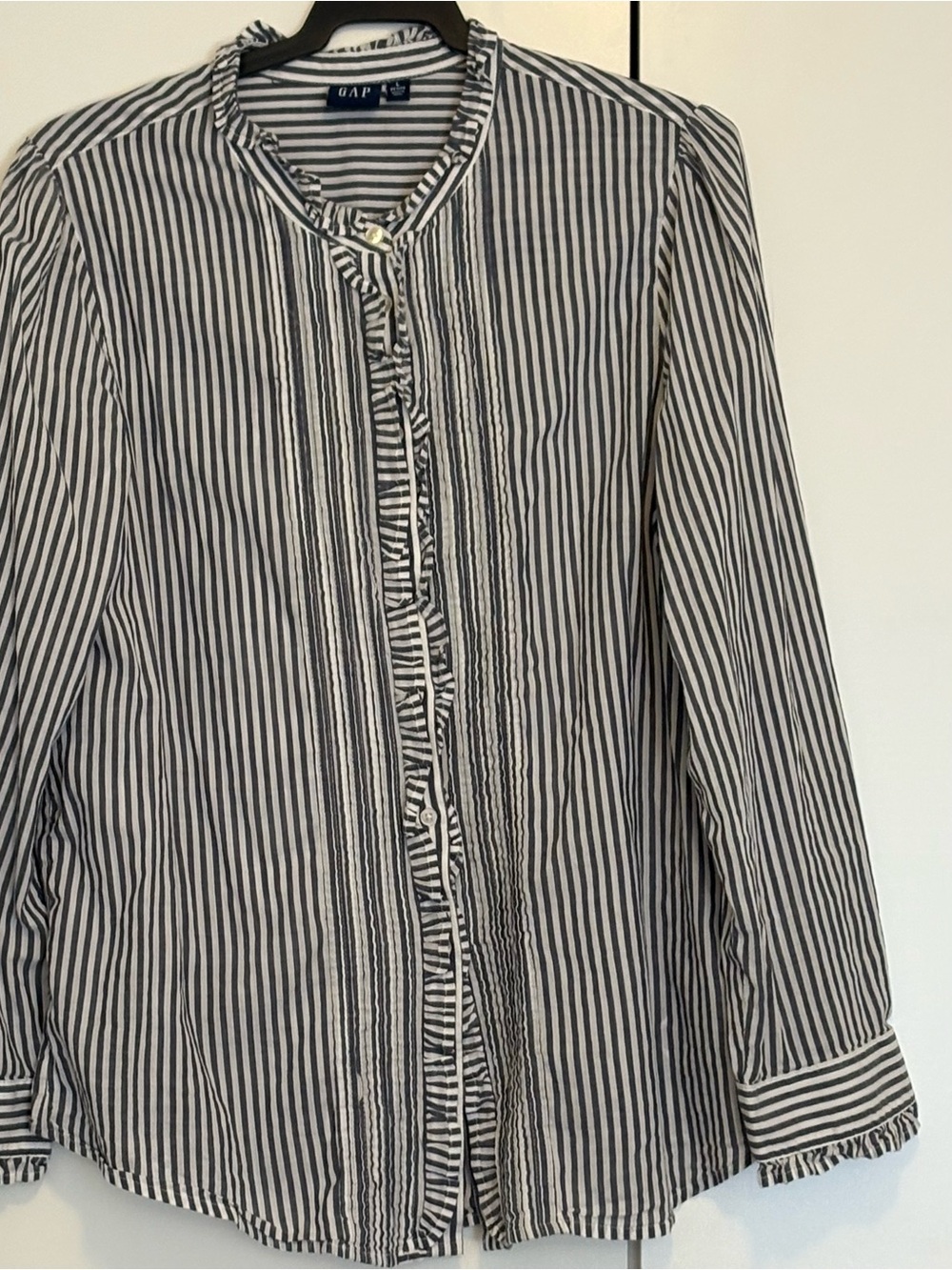 GAP Navy and White Striped Ruffle-Front Button Down Shirt, lightweight